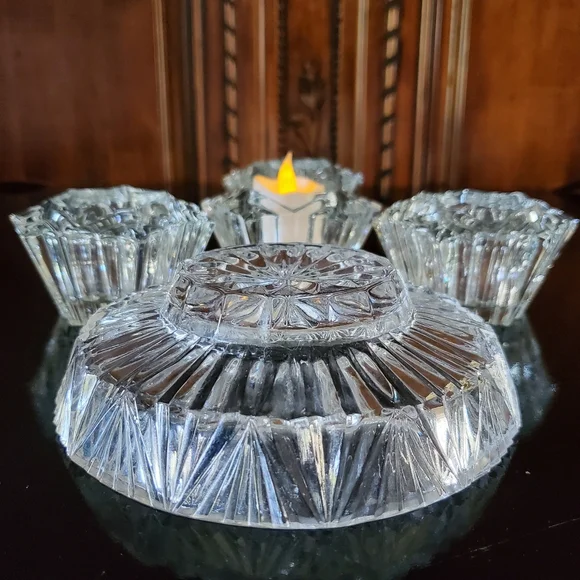 5pc "Prism" Crystal (4) Votive Holders & (1) 6" Crystal Bowl/Pillar🕯 Holder - Picture 15 of 16